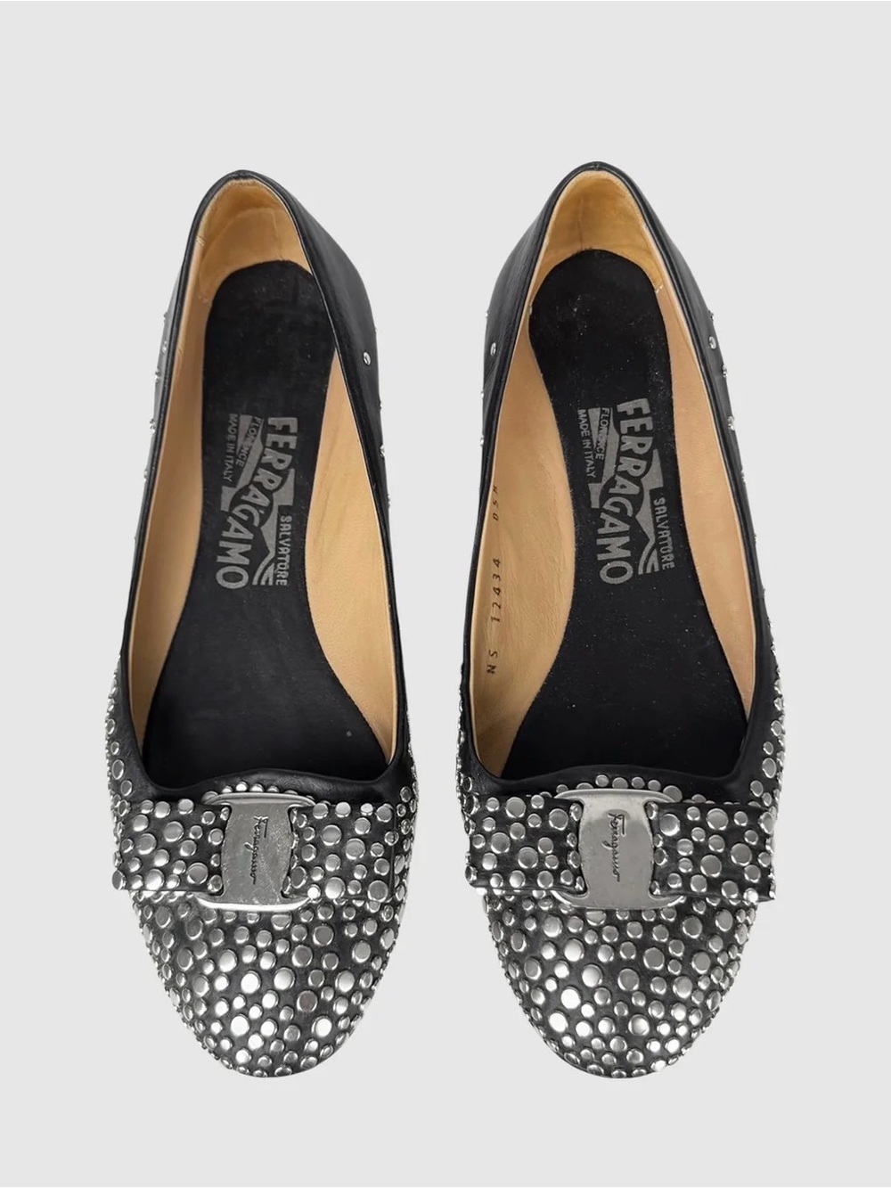 Salvatore Ferragamo Black Studded Vara Bow Flats